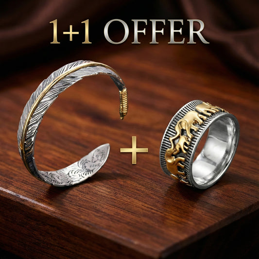 1+1 Offer: Vintage Feather Cuff Adjustable Bracelet + Vintage Gold Elephant Ring