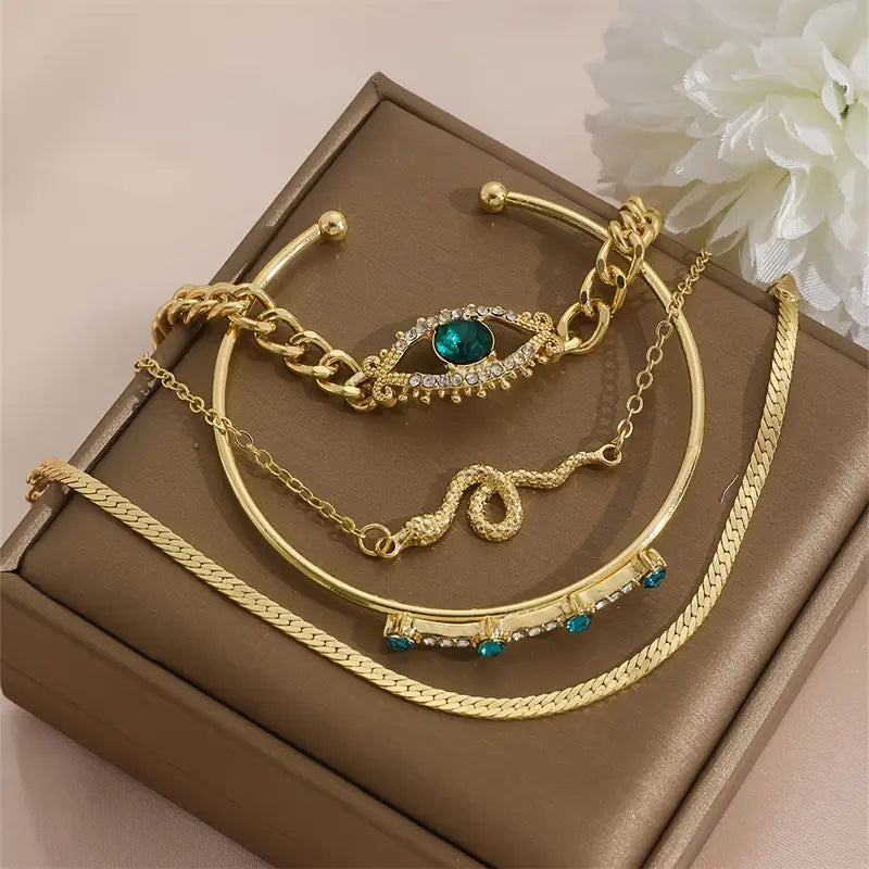 Gold emerald charm bracelet set