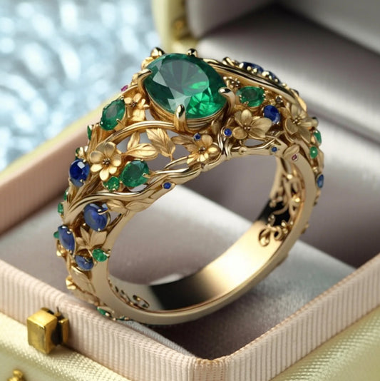Anillo de Oro con Cristal Verde y Azul