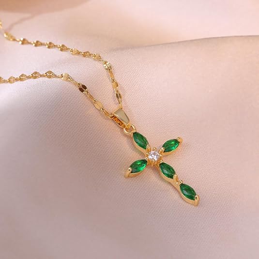 Gold emerald marquise cross necklace
