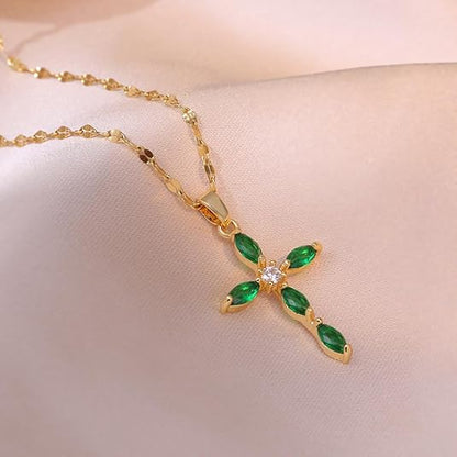 Gold emerald marquise cross necklace