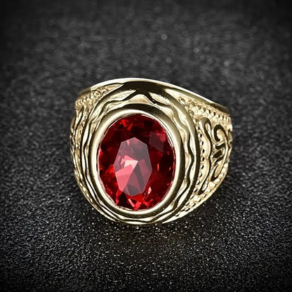 Gold ruby engraved ring
