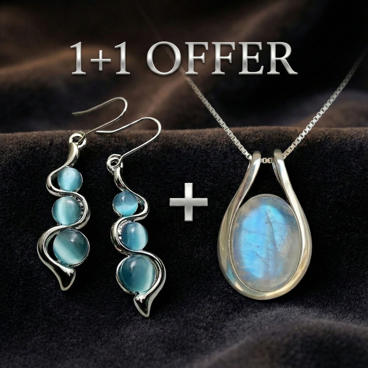 1+1 Offer: Vintage White Opal Necklace + Blue Crystal Dangling Earrings