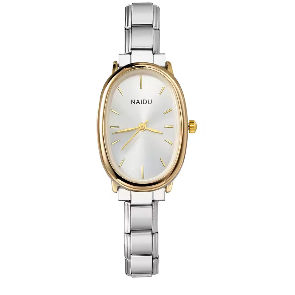 Reloj de cuarzo ovalado elegante en acero inoxidable
