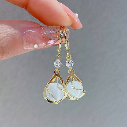 White Opal Gold Dangle Earrings