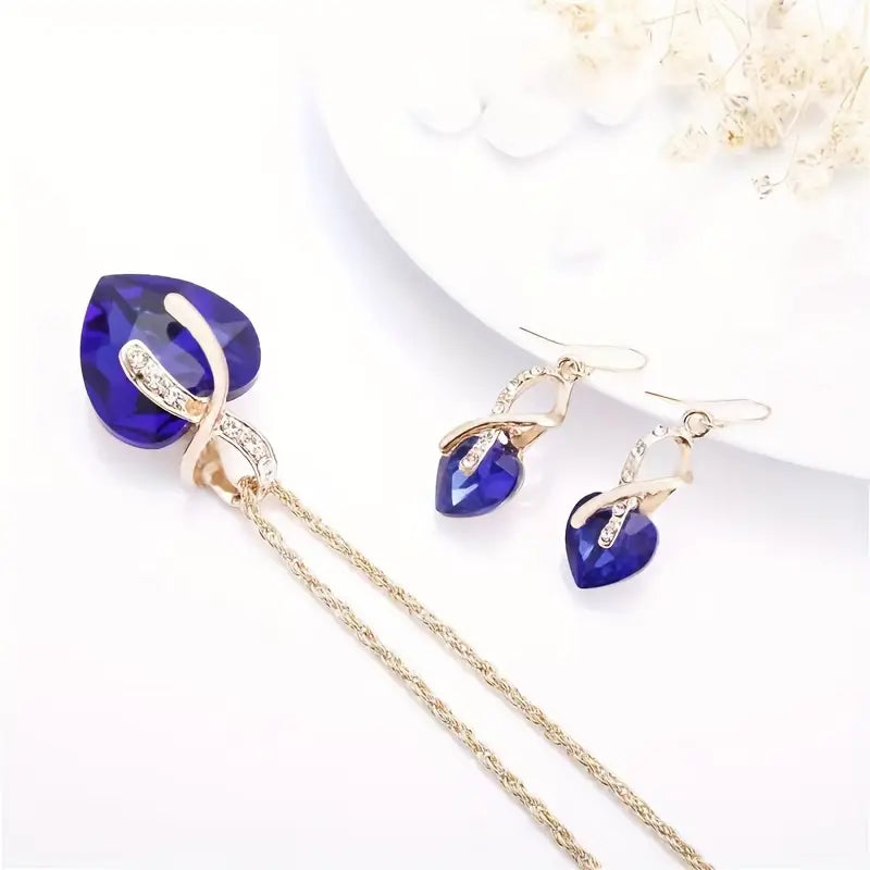 Gold sapphire heart necklace and earrings set