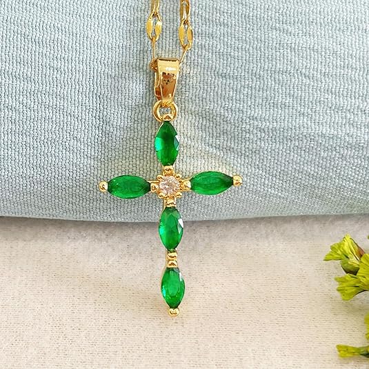 Gold emerald marquise cross necklace