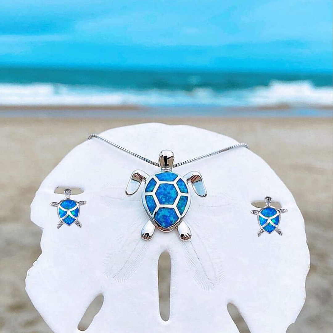 Sea Turtle Opal & Silver Necklace + Earrings