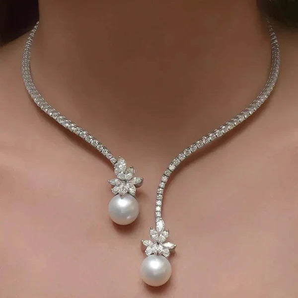 1+1 Offer: Elegant shiny necklace with pearls made of silver + Emerald Cut White Sapphire Bracelet