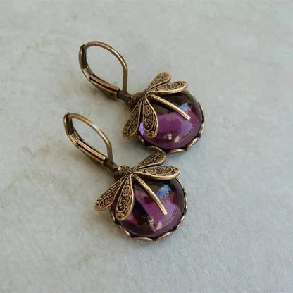 1+1 Offer: Vntage Purple Zirconia Gold Forged Ring + Antique Gold Dragonfly Sphere Earrings