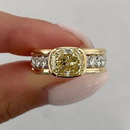 Two-Tone Bezel Cushion Cut Yellow Sapphire Engagement Ring