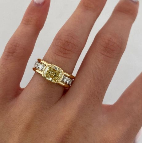 Two-Tone Bezel Cushion Cut Yellow Sapphire Engagement Ring