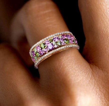 Golden Round Cut Peridot & Amethyst Wedding ring