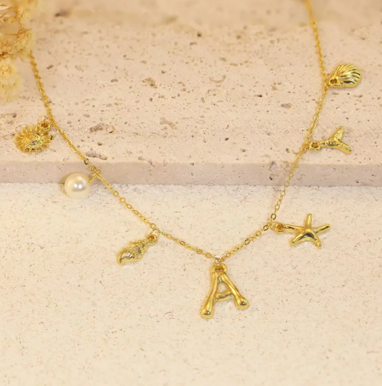 Bamboo Letter Necklace with Starfish and Shell