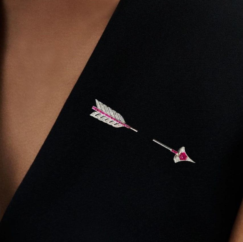 Art Deco Ruby & Sapphire Baguette Cupid Arrow Brooch