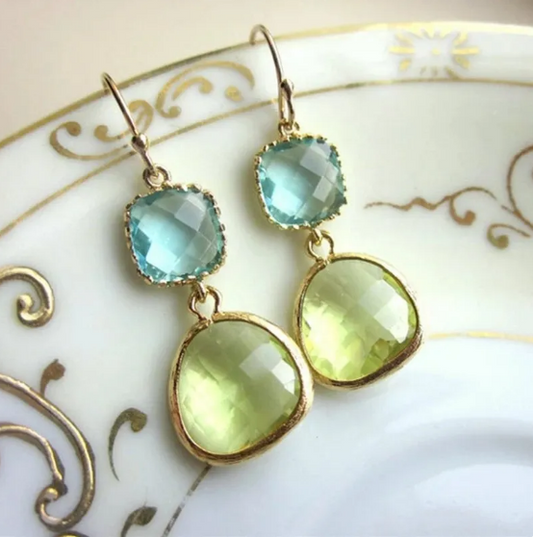 Pendientes Vintage de Resina Azul Verde Irregular
