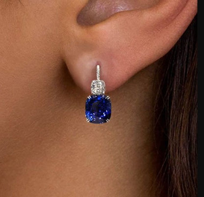 Cushion Cut Blue Sapphire Drop Earrings