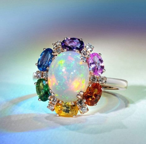 Rainbow Halo Oval Cut Opal Engagement Ring