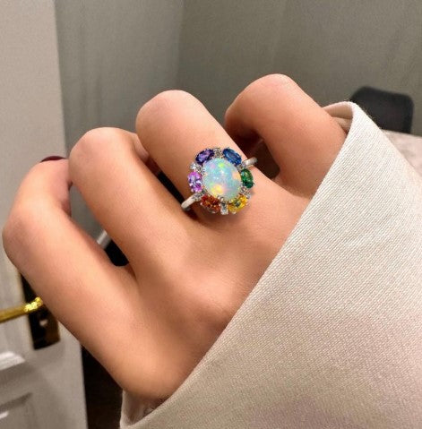 Rainbow Halo Oval Cut Opal Engagement Ring