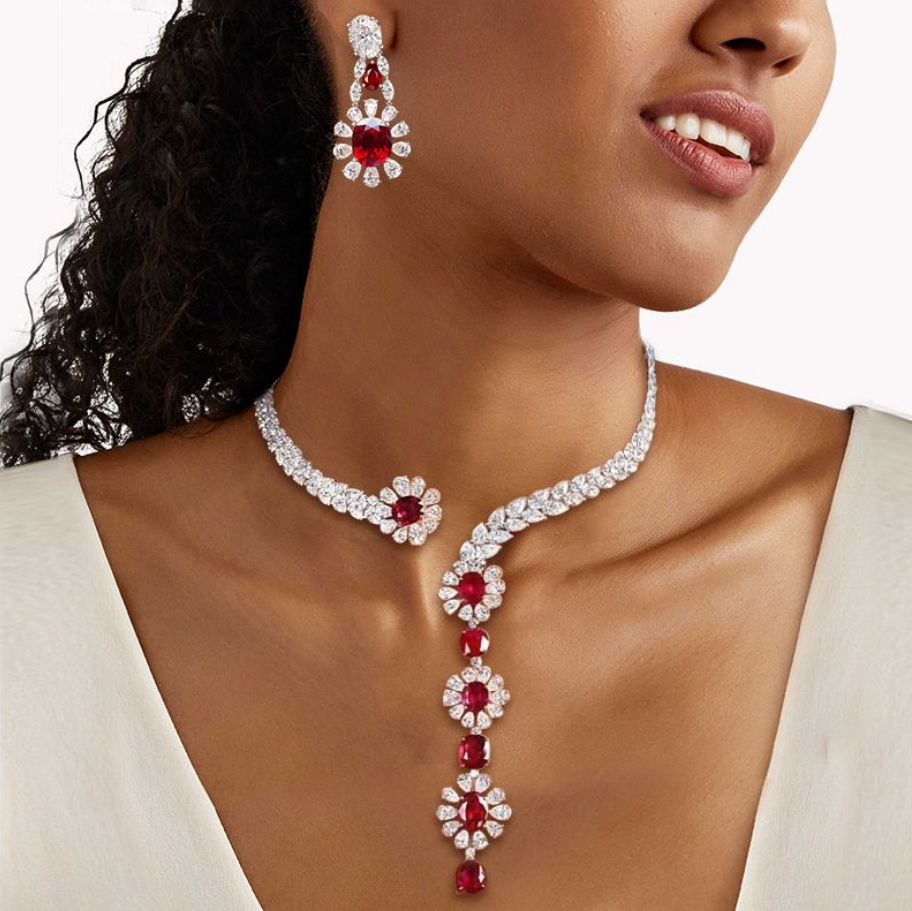 Oval Cut Ruby Sapphire Jewelry Set – Necklace & Earrings