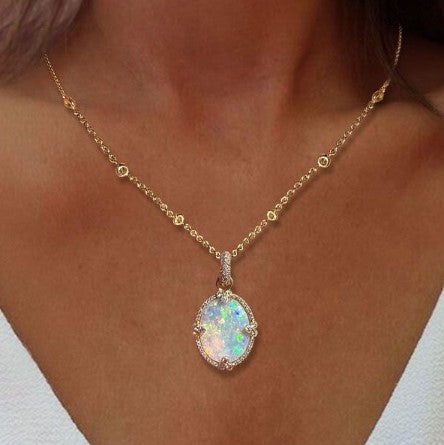 Golden Oval Opal Pendant Necklace
