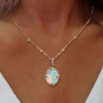 Golden Oval Opal Pendant Necklace