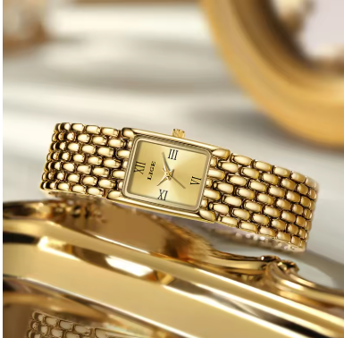 Extravagantní zlaté hodinky s křemenným strojkem a nerezovou ocelí