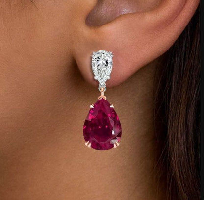 Two-Tone Pear Cut Ruby Sapphire Drop Earrings
