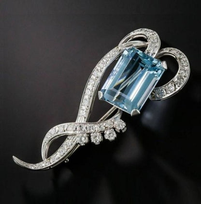 Vintage Emerald Cut Aquamarine Sapphire Brooch