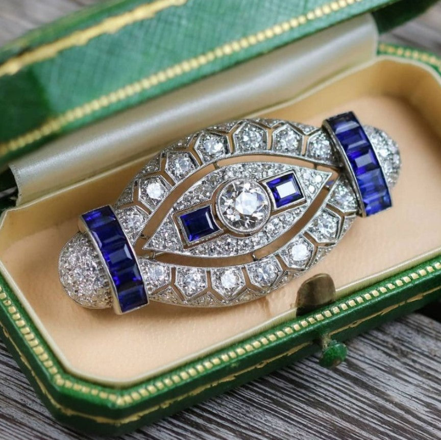 Milgrain Art Deco Round & Emerald Cut White & Blue Sapphire Brooch
