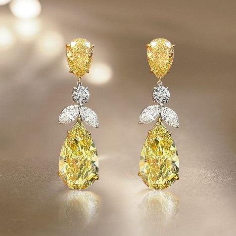 Two-Tone Pear Cut Yellow Sapphire Drop Earrings