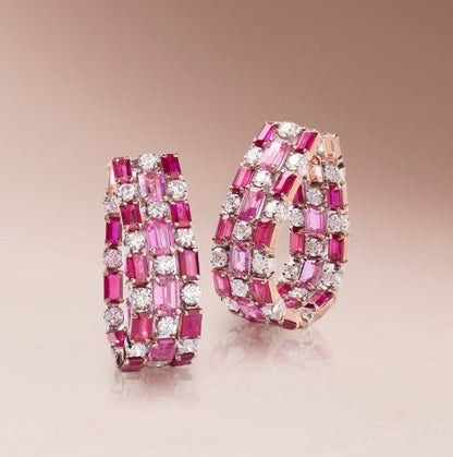 Rose Gold Emerald Cut Ruby & Pink Sapphire Hoop Earrings