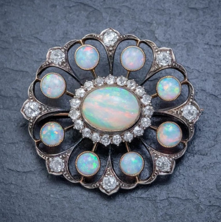 Antique Two-Tone Halo Oval & Round Opal Brooch
