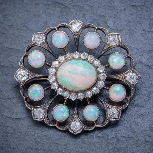 Antique Two-Tone Halo Oval & Round Opal Brooch
