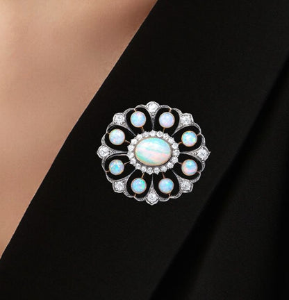 Antique Two-Tone Halo Oval & Round Opal Brooch