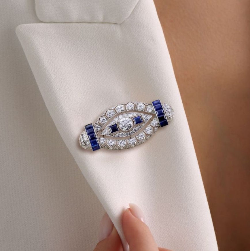 Milgrain Art Deco Round & Emerald Cut White & Blue Sapphire Brooch