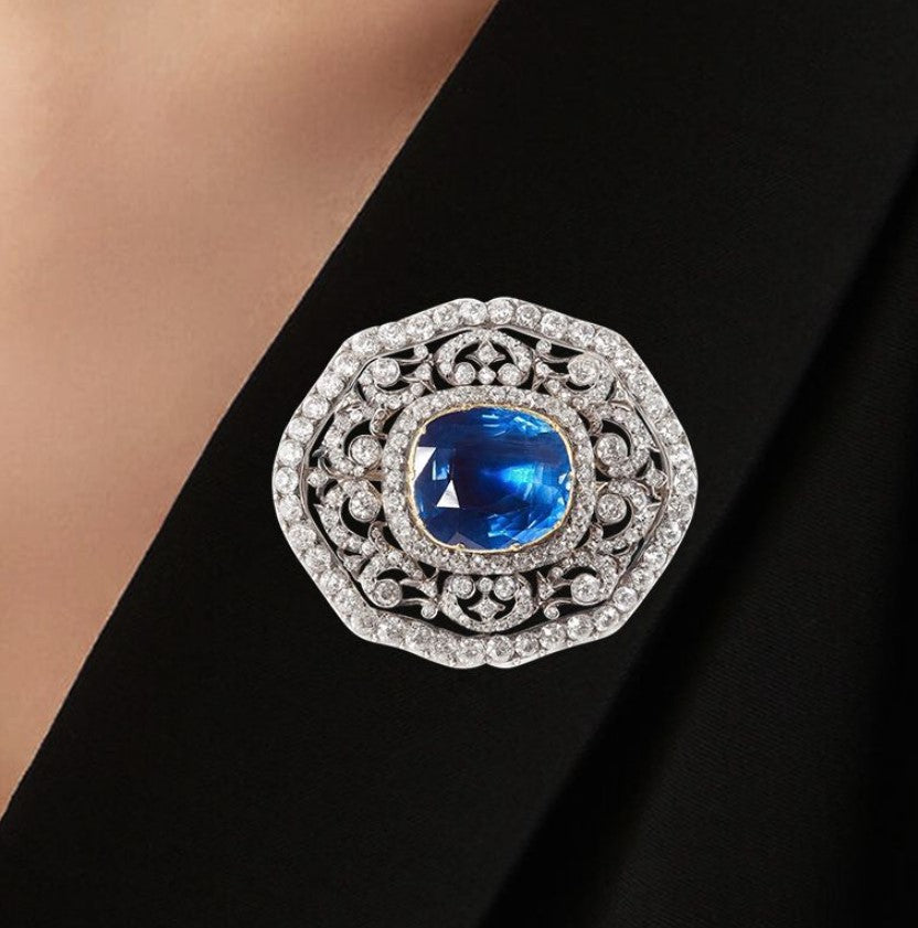 Two-Tone Cushion Cut Blue Sapphire Brooch