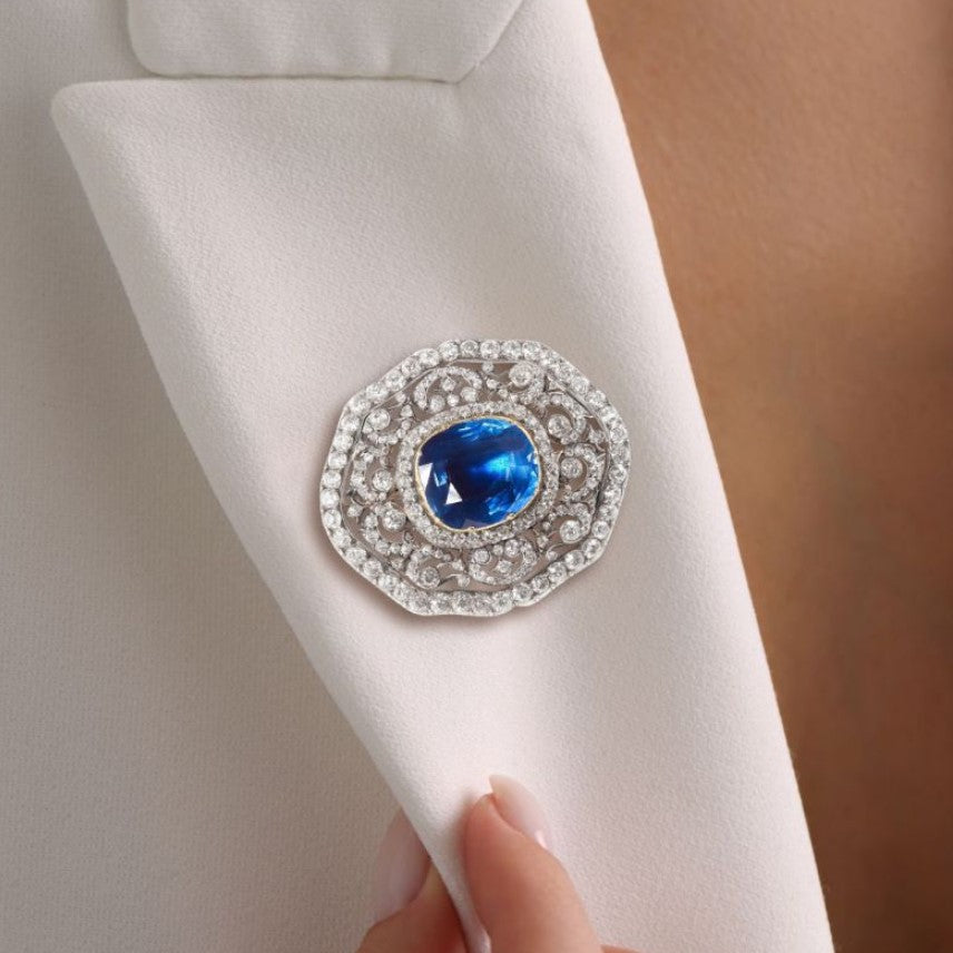 Two-Tone Cushion Cut Blue Sapphire Brooch