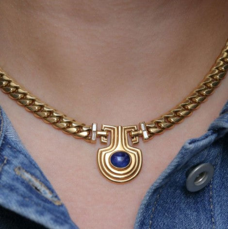 Vintage Golden Oval Blue Sapphire Necklace