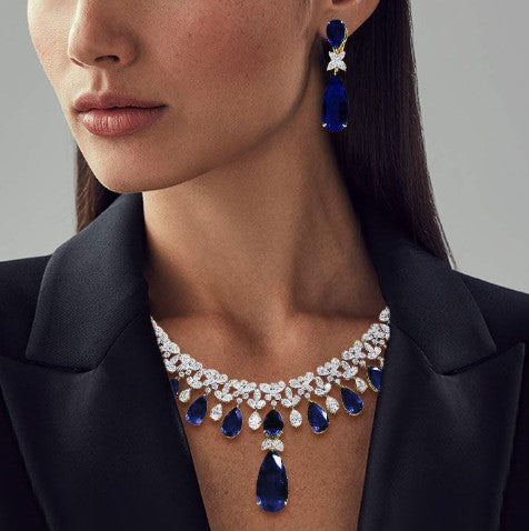 Pear Cut Blue Sapphire Jewelry Set – Necklace & Earrings