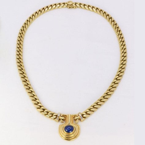 Vintage Golden Oval Blue Sapphire Necklace