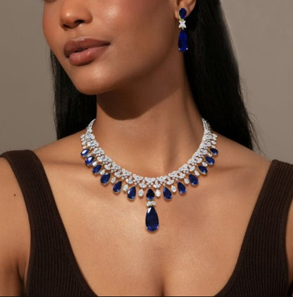 Pear Cut Blue Sapphire Jewelry Set – Necklace & Earrings