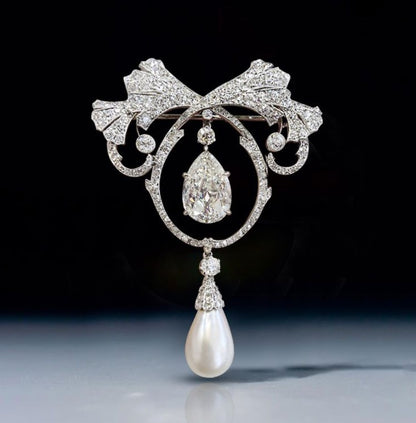 Fabulous Pear Cut Pearl & White Sapphire Brooch