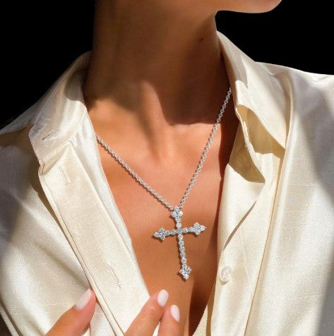 Classic Round Cut White Sapphire Cross Necklace
