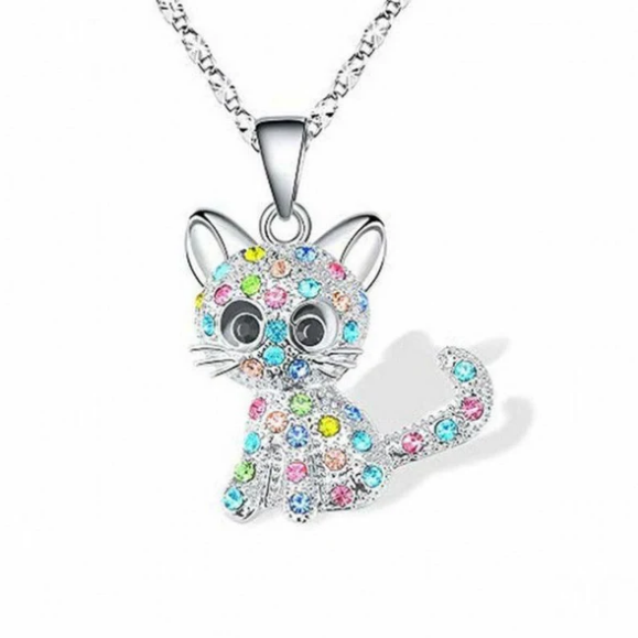 Silver baby kittens and colored zirconia necklace