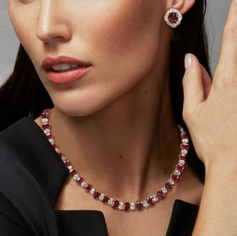 Oval Cut Ruby Sapphire Jewelry Set – Necklace & Earrings