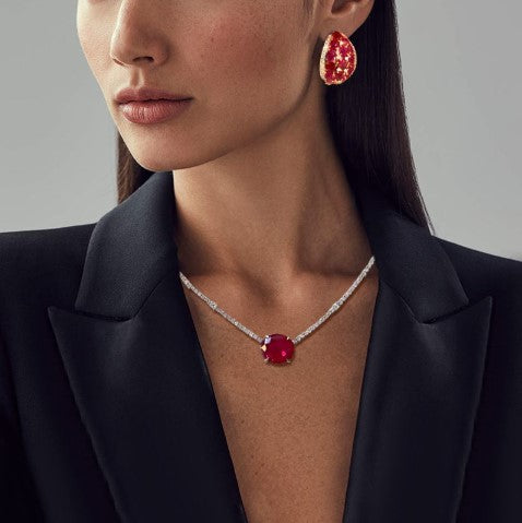 Oval Cut Ruby Sapphire Jewelry Set – Necklace & Earrings