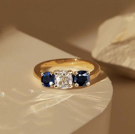 Golden Three Stone Cushion Cut White & Blue Sapphire Wedding Band Ring for Women