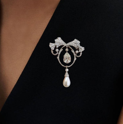 Fabulous Pear Cut Pearl & White Sapphire Brooch