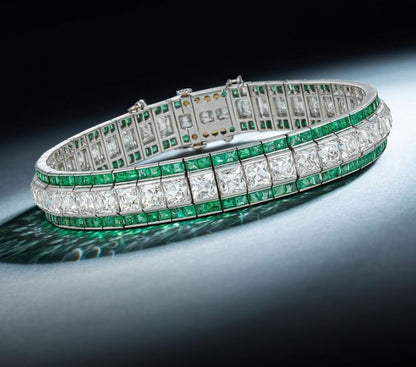 Art Deco Milgrain Princess Cut Emerald Sapphire Bracelet